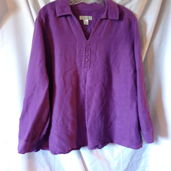 CJ Banks Linen Blend L/S Popover 2X Purple Roll tab Sleeve V-Neck - Picture 1 of 10